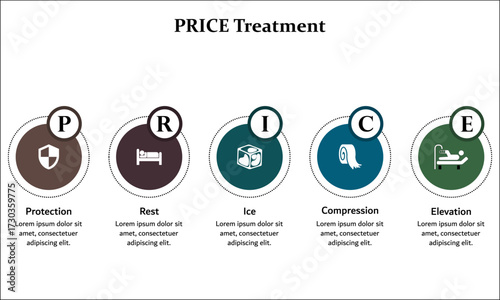PRICE Treatment - Protection, Rest, Ice, Compression, Elevation. Infographic template with icons and description placeholder