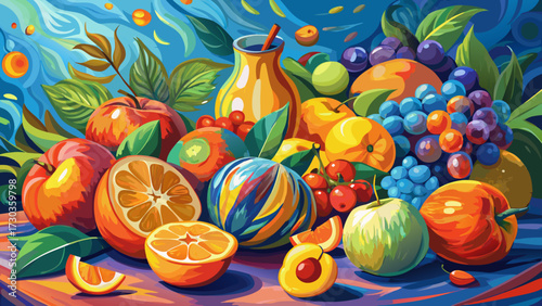  vibrant oil painting of various fruits created in Post Impressionism style, using bold colors like blue, orange and yellow, forming a classic and vintage illustration masterpiece.