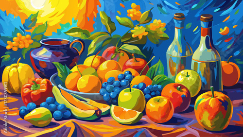 Very beautiful vibrant oil painting of various fruits created in Post Impressionism style, using bold colors like blue, orange and yellow, forming a classic and vintage illustration masterpiece.