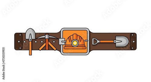 Mining Tools in an Organized Belt, Shovels, Pickaxe, and Hard Hat