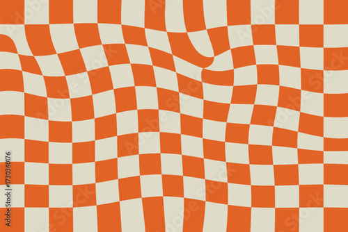 Wavy checkerboard pattern in warm orange and cream colors, creating a retro, psychedelic visual effect.