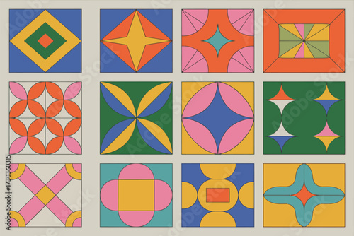 Vibrant geometric patterns in retro tile design, showcasing colorful abstract shapes and nostalgic charm.