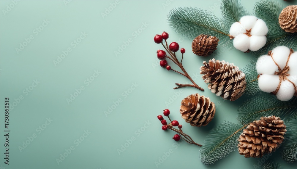 Fototapeta premium Christmas Decor Featuring Pine Cones Berries Cotton Flowers And Tree Artfully Arranged On A Soft Pastel Mint Backdrop