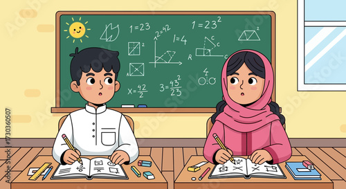 Two students, a boy and a girl, sit at desks in a classroom, looking surprised at the chalkboard.