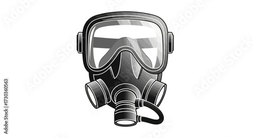 Stylized depiction of a gas mask in shades of gray with clear lenses