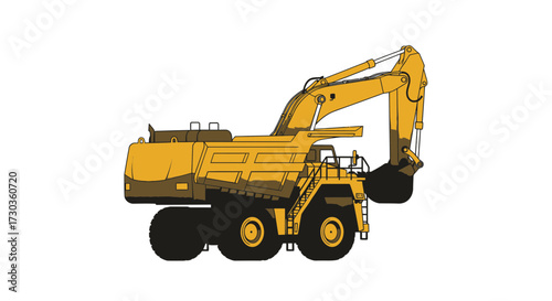 Stylized illustration of large yellow construction excavator and dumper truck