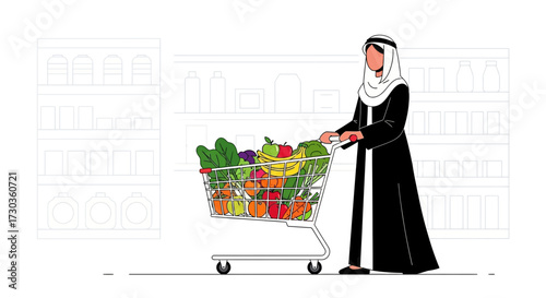 An illustration of a woman in traditional attire shopping for groceries, pushing a full cart.