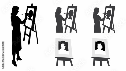 Elegant woman creating artwork on canvas, silhouette artist painting portrait with brush, creative hobby and classic artistic expression, originally vector
