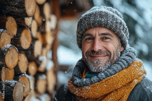 Man in hat and scarf by logs.
