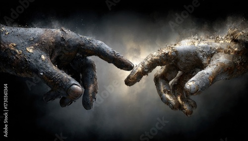 Two weathered hands, dark and light, nearly touch