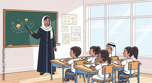A teacher in traditional attire explains the solar system to attentive students in a classroom.