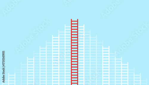 Vertical red ladder standing out among many white ladders on blue background, symbol of leadership, success, and creative opportunity.