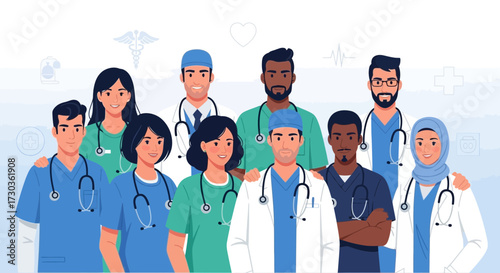 Group of diverse medical professionals standing together, showcasing teamwork and support in a healthcare setting.