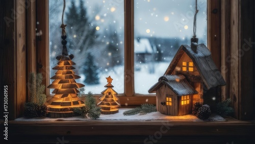Wooden Christmas decorations on a windowsill, snowy winter scene outside