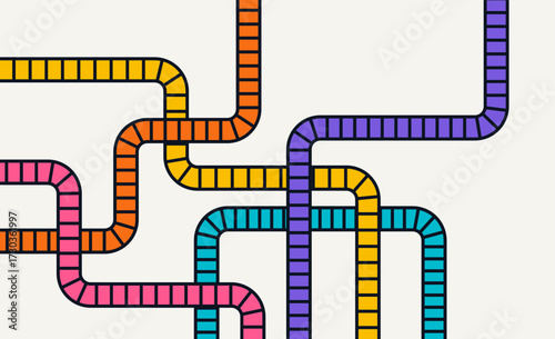 Colorful subway style line pattern with curved overlapping paths in bright tones of yellow, red, pink, blue, and purple