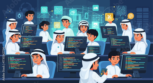 Cartoon illustration of young Arab boys coding on computers in a classroom setting, with digital icons floating above.