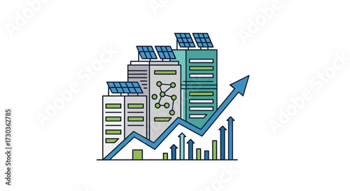 Sustainable urban growth showing eco-friendly buildings with solar panels and rising profits