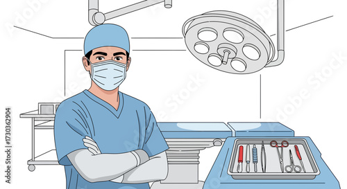 Surgeon in scrubs and mask stands in an operating room with surgical instruments.