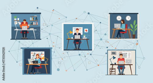 Professionals collaborate digitally from various remote locations, forming a connected global workforce through modern technology and efficient communication.