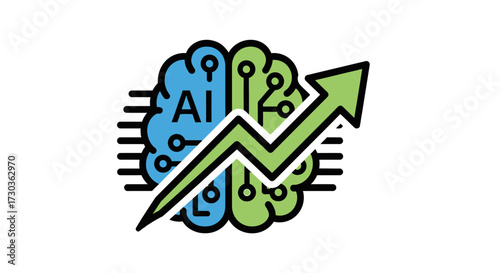 Growing artificial intelligence concept illustration with brain and upward trend line
