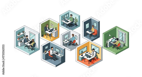 This contemporary isometric illustration portrays multiple professionals diligently working in separate office cubicles, emphasizing remote work and individual focus.