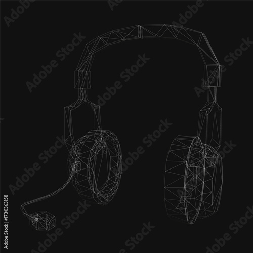 Lowpoly headphones wireframe model with geometric shapes and clean lines, rendered in 3D on a dark background for a modern tech aesthetic.
