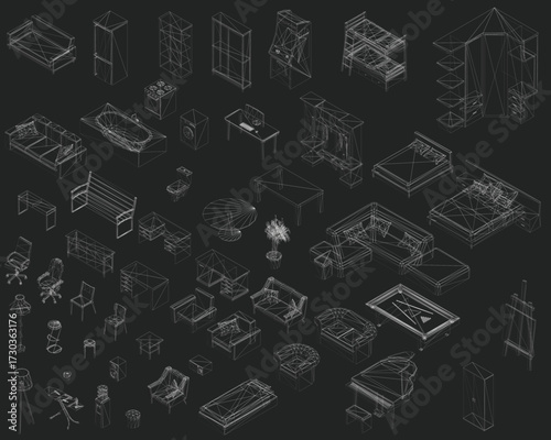 Isometric furniture set featuring tables and chairs in wireframe style against a black background. 3D