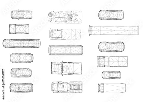 Top view car blueprint overlay on white background, featuring detailed wireframe design with visible structural lines and technical schematics. This automotive set illustrates vehicle engineering.