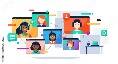 A diverse group of professionals engages in a dynamic virtual meeting, fostering seamless global communication and teamwork through modern technology.
