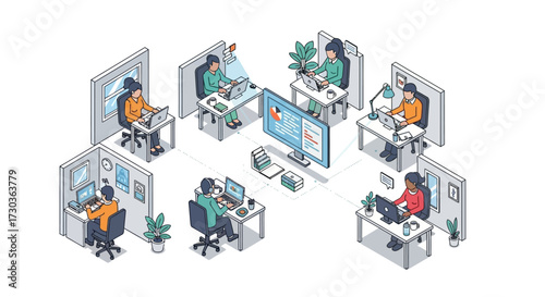 Isometric illustration of a modern office, showing professionals collaborating across workstations, connected by digital technology for efficient teamwork.