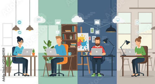 Diverse individuals engage in productive remote work from various home office settings, connected by cloud technology and digital networks.