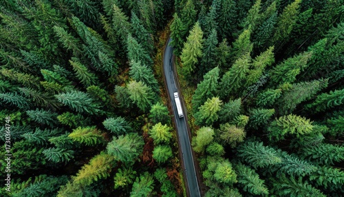 Overhead view of a road winding through a dense evergreen forest, with a white truck