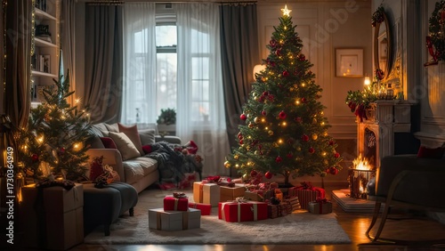 Cozy Christmas living room with tree and presents
