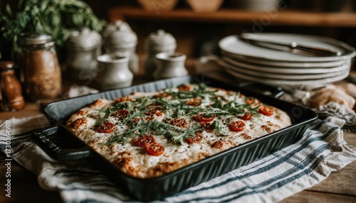 Baked flatbread, topped with fresh herbs, tomatoes, and cheese, in a dark pan on a rustic table