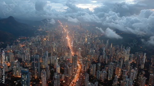 Aerial view of a city at dusk, illuminated roads cutting through dense urban landscape, clouds in the background