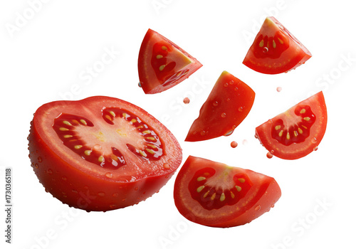 Macro vibrant red tomato, half cut revealing glistening seeds, with suspended juicy quarter-slices, on transparent background, dramatic studio light. Concept of fresh succulence