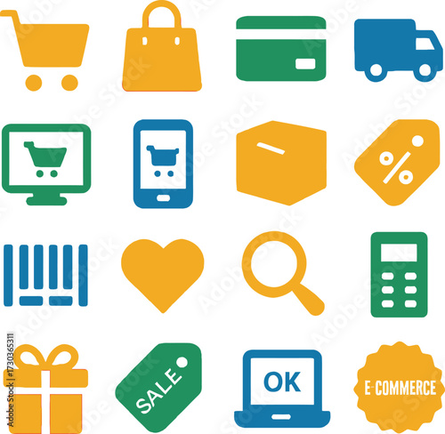 Online Shopping 16 Solid Color Icon Set Collection on White Background