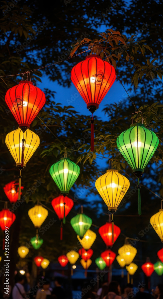 Obraz premium Vibrant paper lanterns illuminate night sky during festive celebration