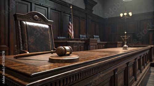 Empty courtroom with gavel on the judges bench and american flag