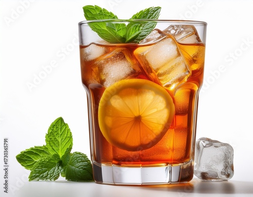 cold citrus iced lemon tea with ice cubes and fresh mint leaves m ultra high resolution cutout on seamless white background ideal for summer beverage branding tropical drink advertising