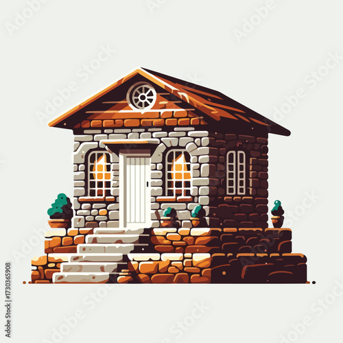 Ethiopian stone house with a simple and minimalist flat design using a white background