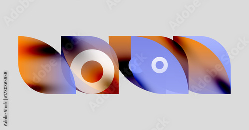 Abstract shapes overlap, creating vibrant color blends. Circles, curves, gradients define composition. Modern design, digital art.