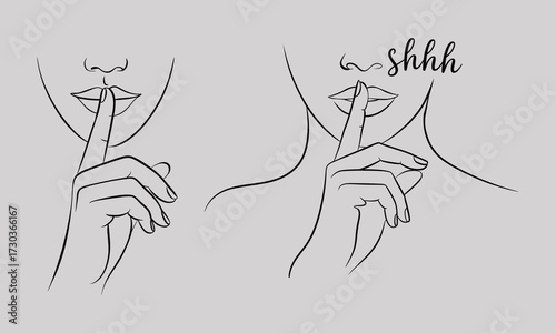 Minimalist Shhh Gesture Line Art Depicting Silence and Secrecy with Delicate Female Features and Clean Aesthetic
