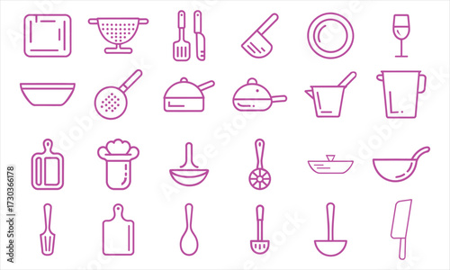Kitchen Utensils Line Icons Set Cooking Tools and Equipment Vector Illustration Isolated on White Background Design for Culinary Arts