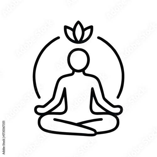 Person meditating in lotus pose with a lotus flower and halo icon.
