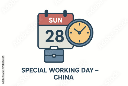 Special Working Day in China – Flat Vector Illustration with Calendar and Clock