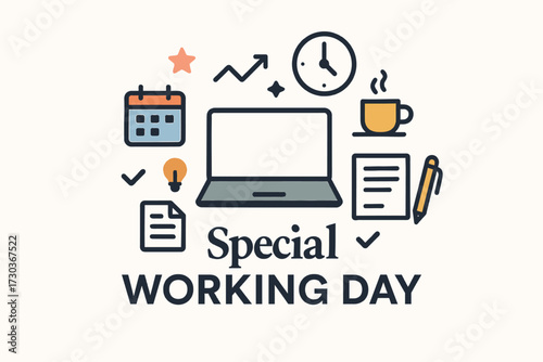 Special Working Day Flat Illustration with Office and Productivity Icons