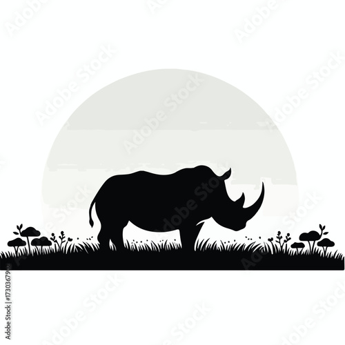 Silhouette of a rhinoceros in the grassland with a simple and minimalist flat design using a white background.