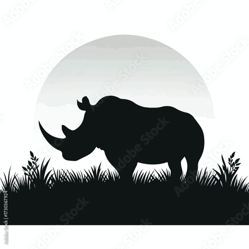 Silhouette of a rhinoceros in the grassland with a simple and minimalist flat design using a white background.