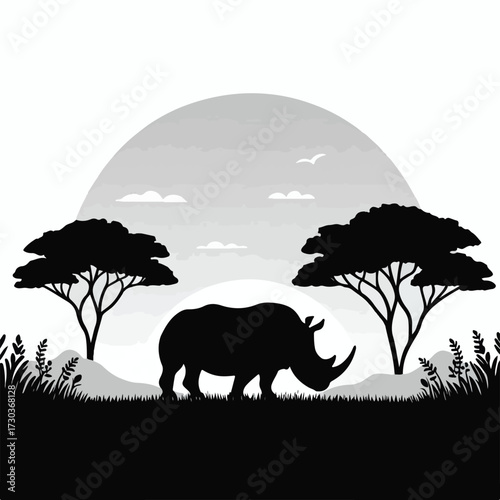 Silhouette of a rhinoceros in the grassland with a simple and minimalist flat design using a white background.